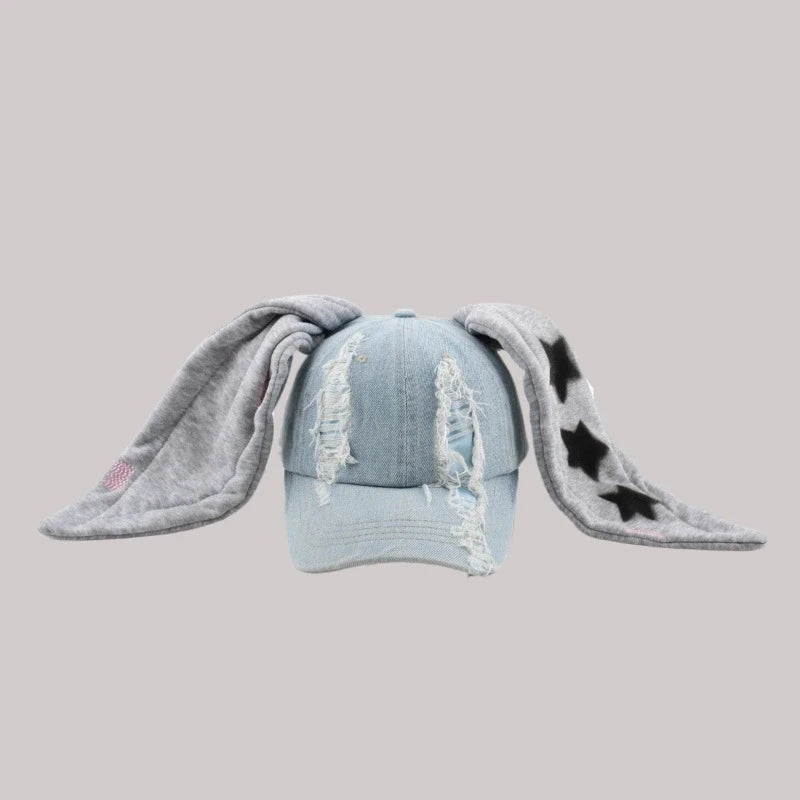 Celebrity-Inspired Niche Rabbit Ear Denim Ripped Baseball Cap Washed Graffiti Hip-Hop Sun Hat Trendy Cap