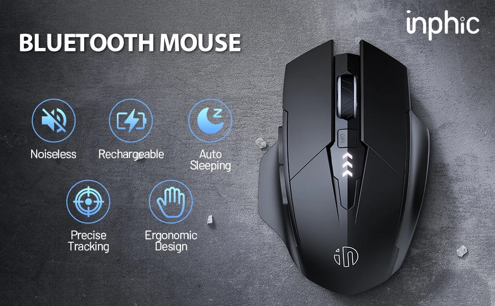INPHIC A1 BluetoOth Mouse Rechargeable 2.4G Tri-mode Optical Mute Wireless Mouse 1600 DPI for Mac Laptop PC Tablet Mobile Phone