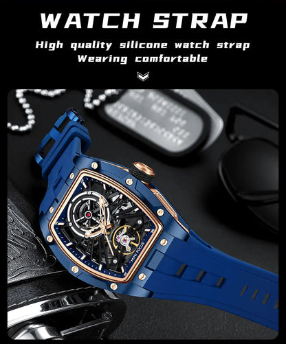 MINI FOCUS Men Wristwatch Fashion Black Waterproof Automatic Mechanical Watch with Luminous Hands Silicone Strap Tonneau Dial