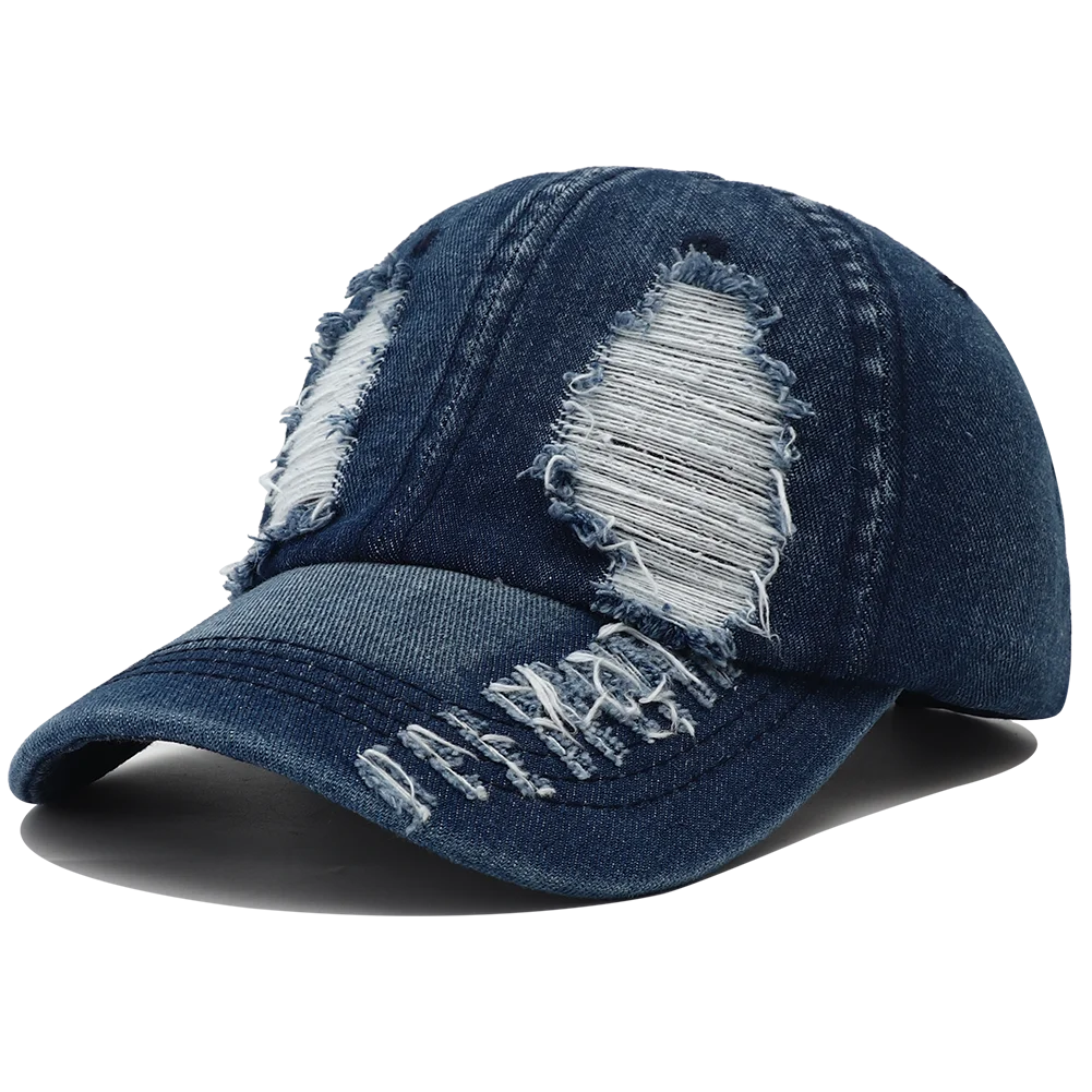 Gorra de béisbol rasgada de color liso, gorra snapback de denim lavado, estilo hip hop, transpirable, ropa urbana, gorras desgastadas para mujer y hombre