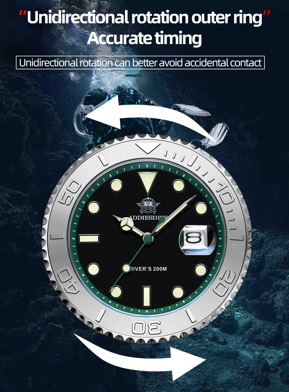 ADDIESDIVE Luxury Men's Diver Steel Watch 200m Waterproof Ceramic Bezel Analog Watch BGW9 Luminous Business Quartz Watch AD2040