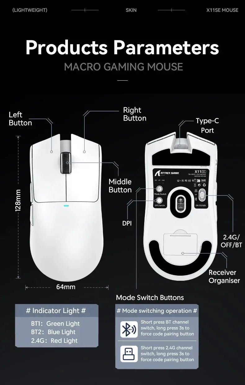 Ratón gaming inalámbrico ultraligero ATTACK SHARK X11SE, vida útil de 20 millones de clics, PAW3311 Gaming, 22KDPI, 400IPS, 40G, 1KHz, 65 horas, 30mAH