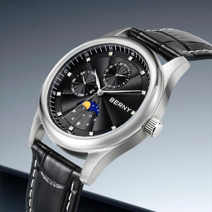 BERNY Men's Watch Date Weeks Moon Phase Quartz Watches for Men Stainless Steel Leather Strap Business Wristwatch Male Clock
