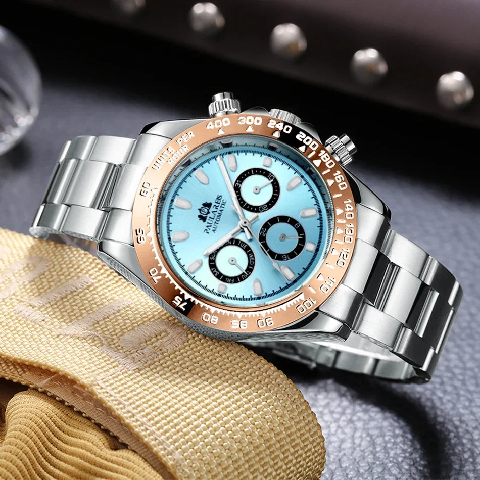 Automatic Watches for Men Mechanical Self Weind Gold Stainless Steel Glacier Ice Blue Chestnut Brown Bezel Reloj Hombre Baratos