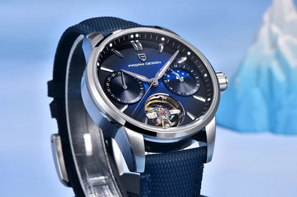 PAGANI DESIGN – Luxe mechanisch herenhorloge, 41 mm, saffierglas, leren band, waterdicht, pilotenstijl, met tourbillon en maanfase