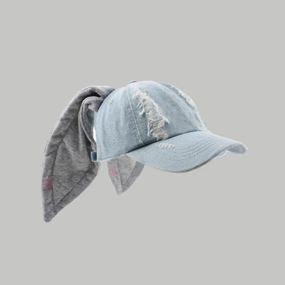 Celebrity-Inspired Niche Rabbit Ear Denim Ripped Baseball Cap Washed Graffiti Hip-Hop Sun Hat Trendy Cap