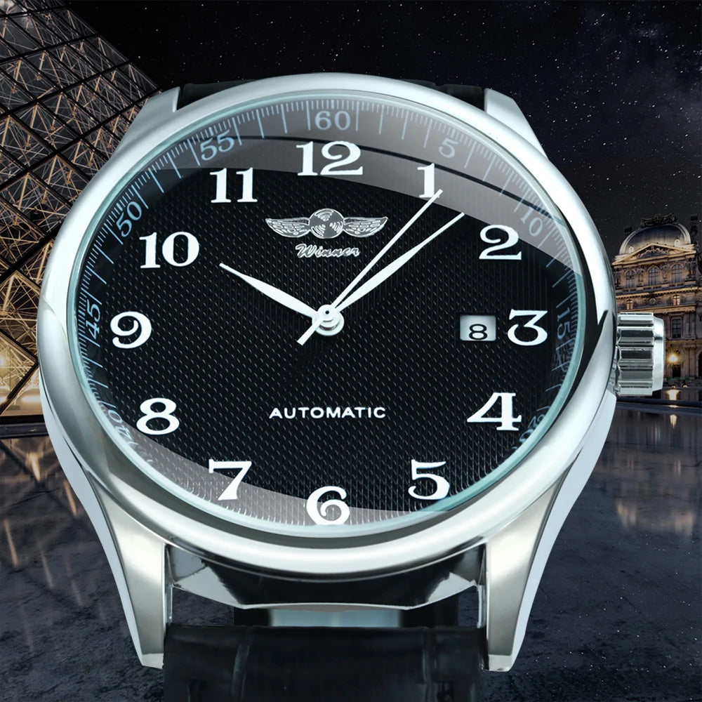 WINNER Men’s Watch – Classic, retro and elegant style – Automatic mechanical watch with date display – Luxury brand, steel case and leather strap