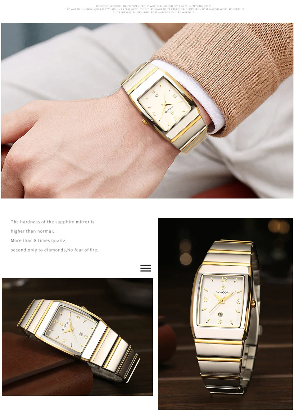 Relogio Masculino WWOOR New Man's Square Watch For Men with Automatic Date Luxury Stainless Steel Gold Mens Quartz Wrist Watches