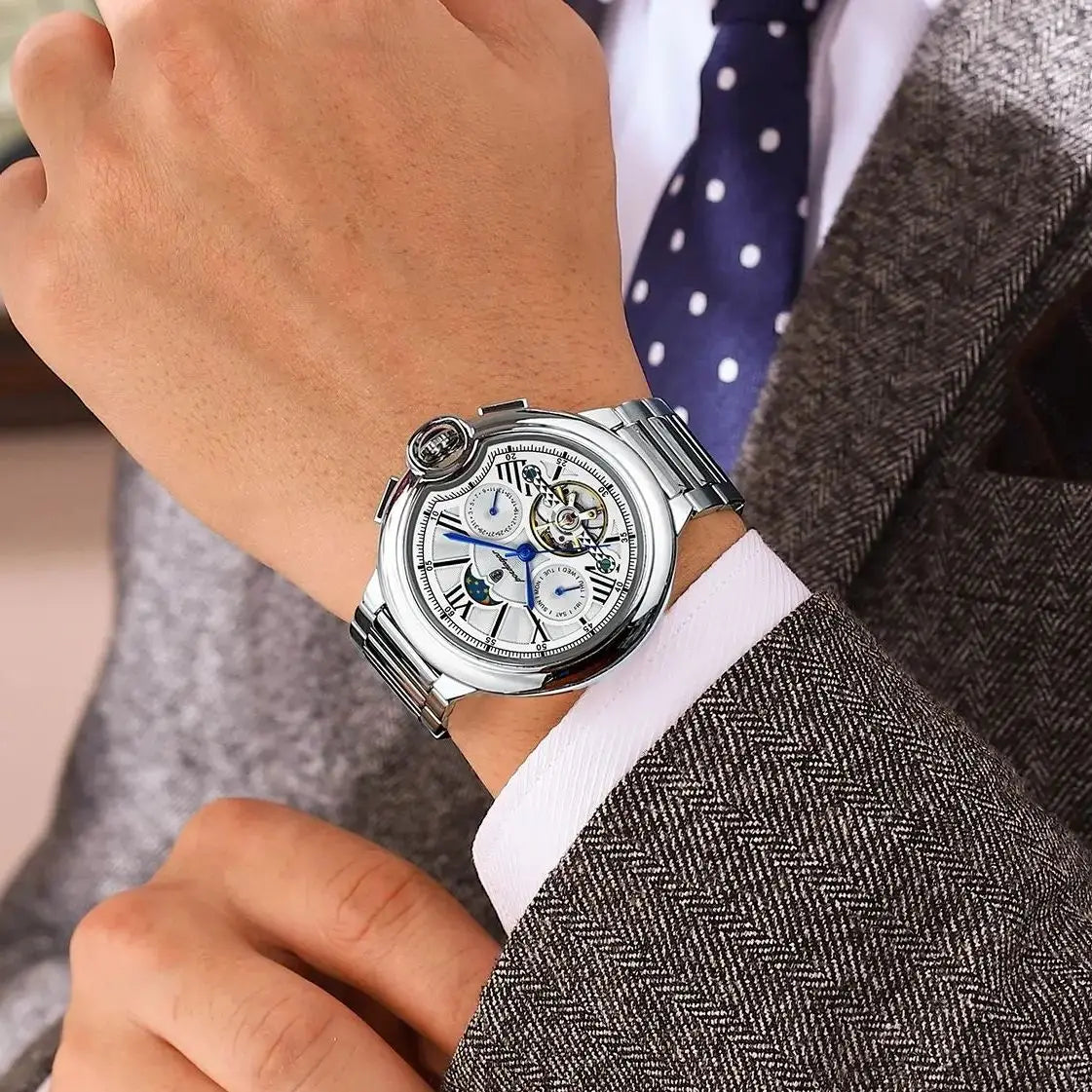 POEDAGAR men’s watch, luxury and professional style, with date and day display, tourbillon, stainless steel case, automatic mechanical movement and water resistance.