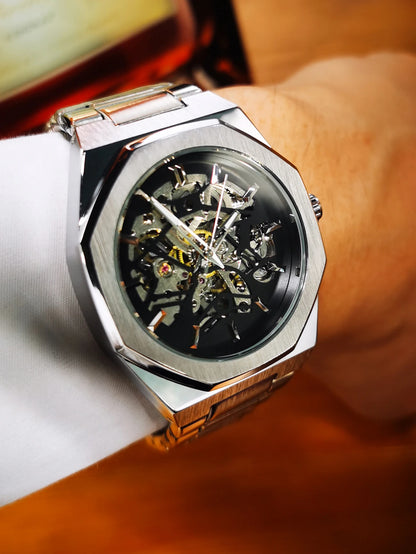 WINNER Black Gold Skeleton Mechanical Watches for Men Fashion irregular Automatic Watch Luxury Brand Stainless Steel Strap 2023