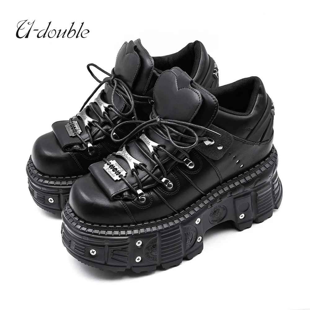 Damskor i punkstil, snörning, klackhöjd 6 cm, platåskor, gotiska ankelstövlar för kvinnor, rockstövlar, metalldekor, damsneakers