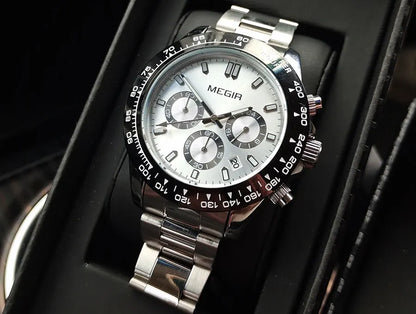 MEGIR men’s watch, luxury brand, quartz sports watch, stainless steel bracelet, water-resistant, chronograph, wristwatch
