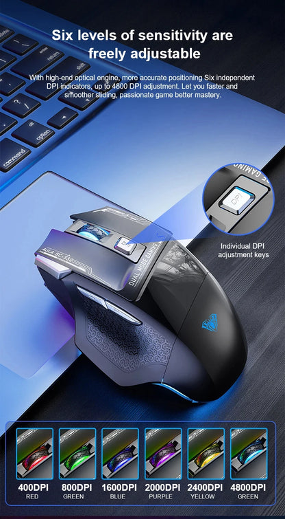 AULA SC550 bežični gaming miš, dvostruki način rada, punjivi svjetleći mehanički gaming miš za stolno/prijenosno računalo, e-sports USB miš