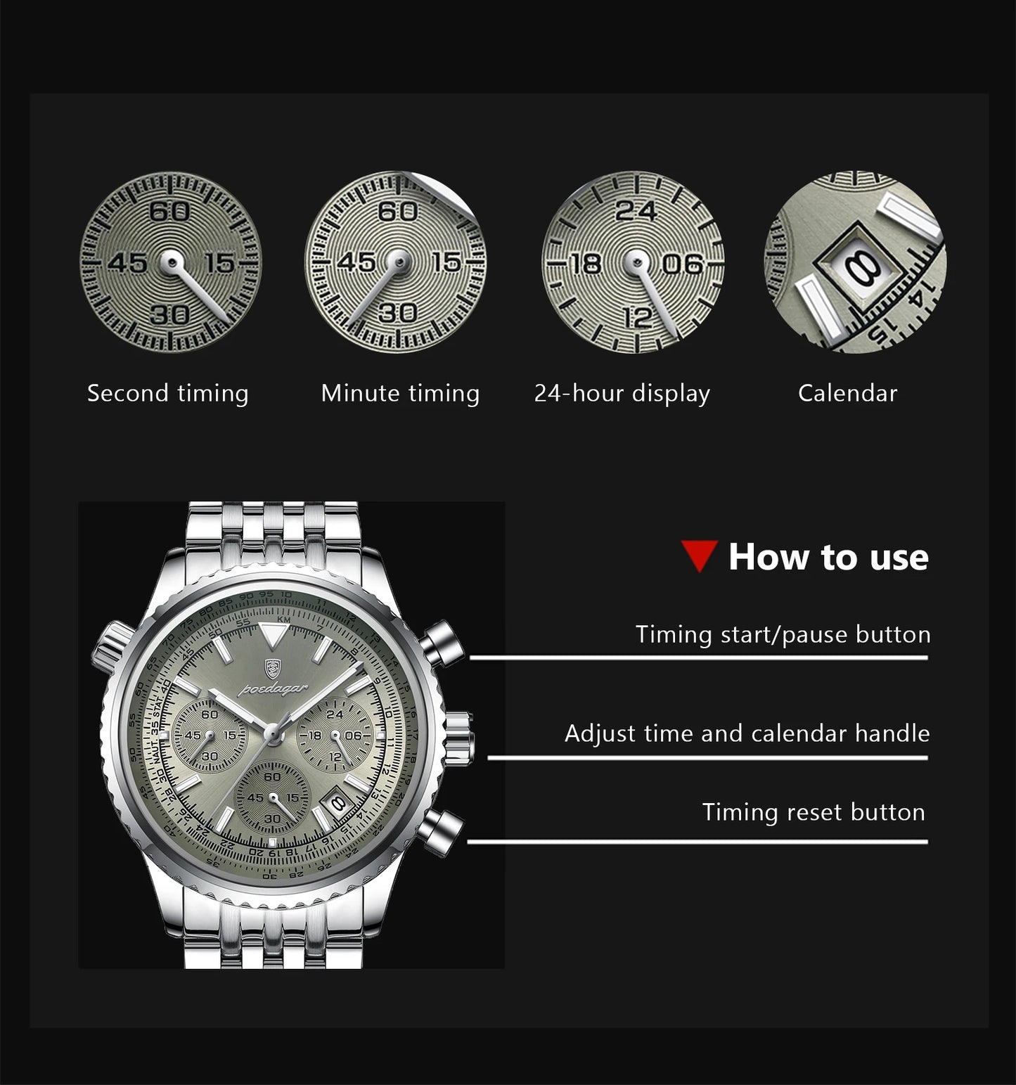 POEDAGAR Fashion Men's Quartz Watch Stainless Steel Waterproof Luminous Man Watch Chronograph Date Multifunction Watches For Men