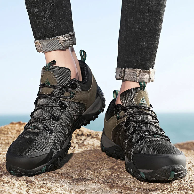 HIKEUP Four-Season Men's Hiking Shoes Outdoor Sports Genuine Leather Wear-Resistant Climbing Shoes Rubber Sole Trekking Sneaker
