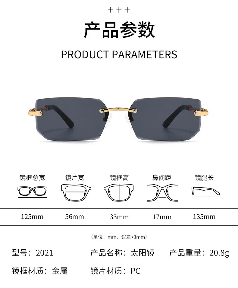 Fashion Rimless Rectangle Sunglasses Popular Women Men Shades Small Square Sun Glasses For Female Male Summer Traveling