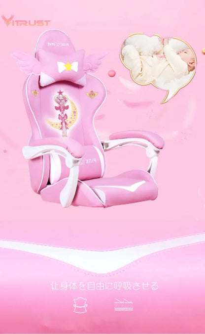 Pink Gaming Chair for Girls, Cute Comfortable Gaming Chair with Armrests, Swivel Height Adjustable Gamer Chair for Bedroom, Office & Streaming