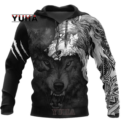 Felpa con cappuccio e felpa da uomo unisex casual autunnale New Wolf Tattoo Vegvisir nero bianco 3D con stampa integrale