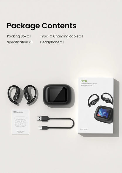 HTC NE61 Bluetooth Earphones – Premium Wireless Noise Reduction Sports Earbuds with AI Translator, Heart Rate Monitor &amp; HD Bass