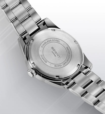 Montre pour homme BERNY – Montre à quartz, verre saphir, aiguilles luminescentes, étanche 10 ATM, entièrement en acier inoxydable – Style élégant et décontracté, idéale pour le quotidien ou les occasions professio