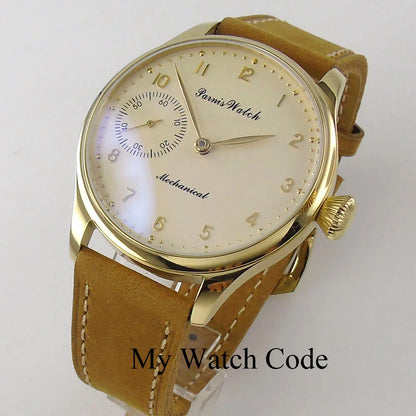 Vintage PARNIS Mechanical Hand Winding Watch Men Gold 44mm Steel Wristwatch Sport 17 Jewels 6497 Movtt Khaki Band Glass Back