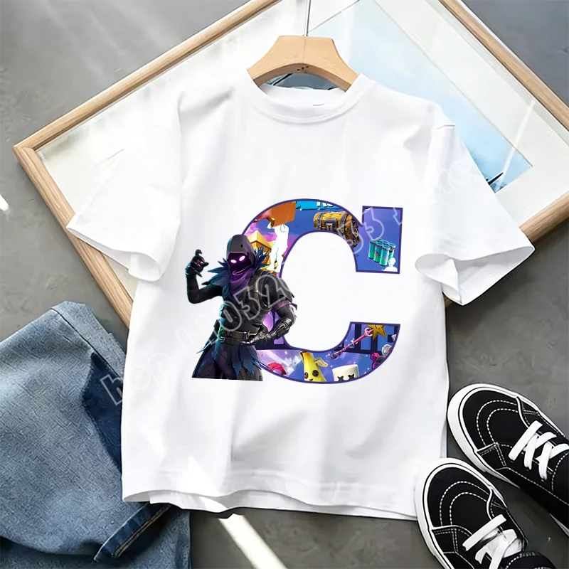Fortnite A-Z Alphabet Print T Shirt Summer Kids White Clothing Popular Cartoon Game T Shirt Fashion Casual Short Sleeve Top Gift