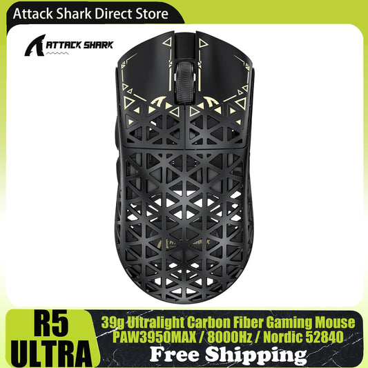 ATTACK SHARK R5 Ultra szénszálas vezeték nélküli gamer egér, PixArt PAW3950MAX gamer szenzor, 42000DPI, 8000Hz, MCU Nordic 52840
