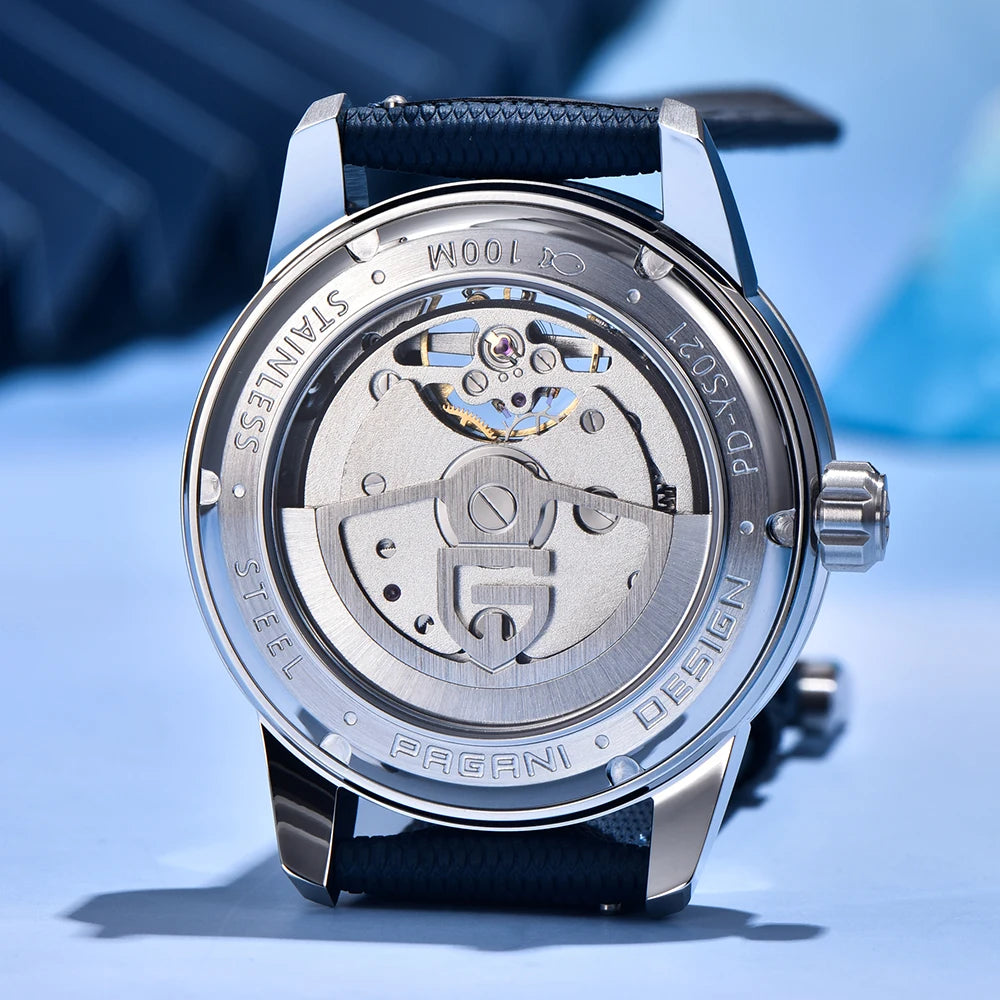 PAGANI DESIGN – Luxe mechanisch herenhorloge, 41 mm, saffierglas, leren band, waterdicht, pilotenstijl, met tourbillon en maanfase