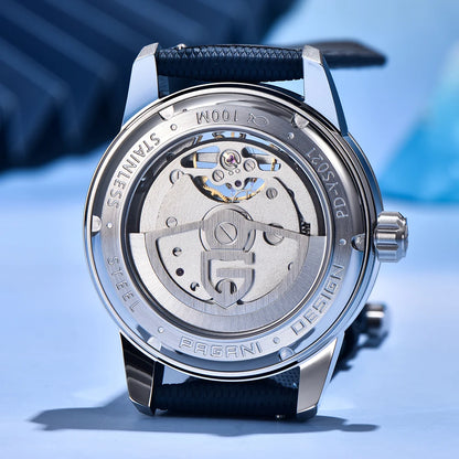 PAGANI DESIGN – Luxe mechanisch herenhorloge, 41 mm, saffierglas, leren band, waterdicht, pilotenstijl, met tourbillon en maanfase