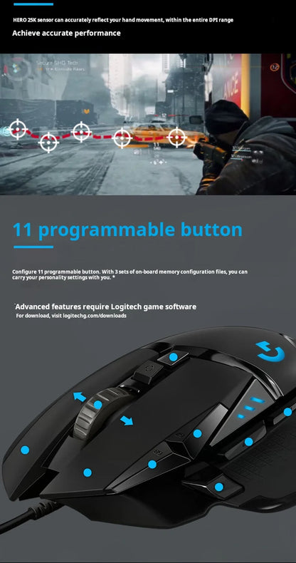 Logitech G502 HERO High Performance Wired Gaming Mouse HERO 25K Sensor 25,600 DPI RGB Adjustable Weights 11 Buttons PC/Mac Mouse