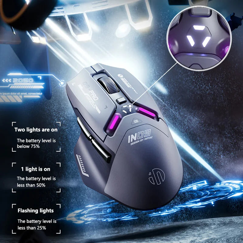 Ratón gaming inalámbrico Inphic IN9PRO 26000DPI, tasa de sondeo 8K, Bluetooth 5.0, con cable, 2.4G, trimodo, RGB, ergonómico