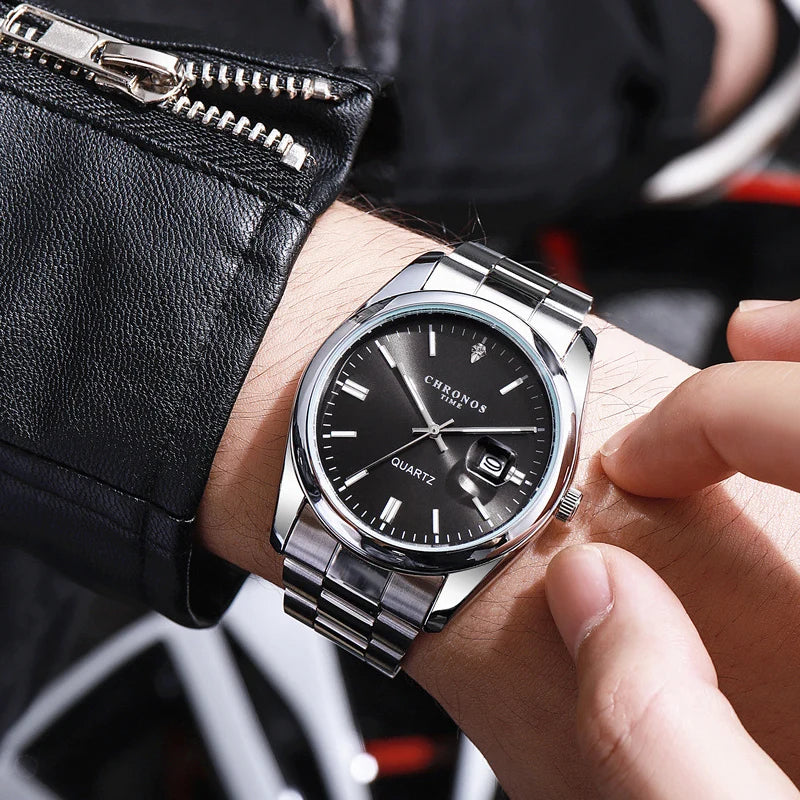 Montre-bracelet pour homme CHRONOS – Marque de luxe, étanche, lumineuse, avec affichage de la date, en acier inoxydable, à mouvement à quartz.