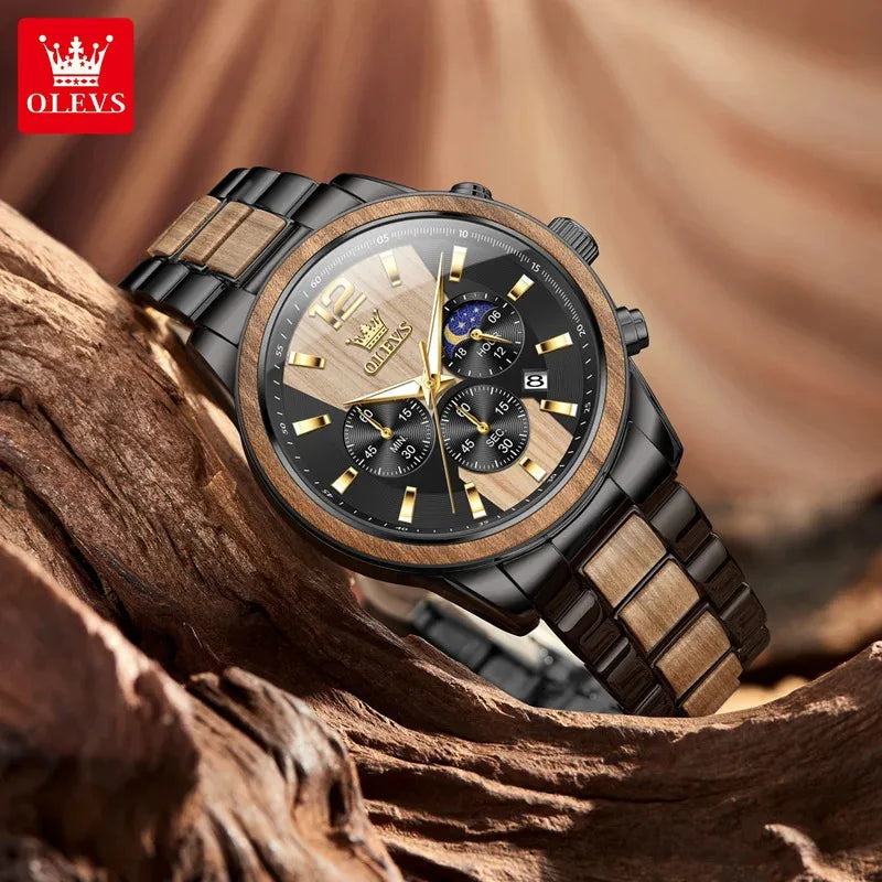 Montre homme OLEVS 3645 en bois, de luxe, avec éclairage nocturne, chronographe multifonctionnel, à quartz, style rétro, montre de sport tendance.