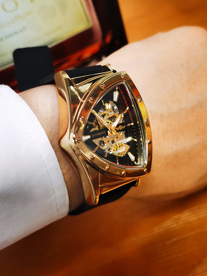 Orologio automatico da uomo WINNER, design scheletrato triangolare, lancette luminescenti, cinturino in gomma, stile militare, orologio meccanico di lusso