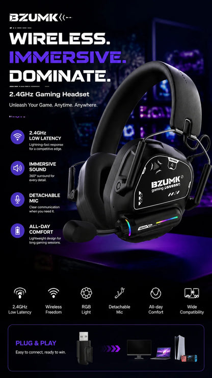 Casque de jeu sans fil BZUMK, écouteurs circum-auraux Bluetooth à faible latence avec micro, basses profondes, 50 mm, RGB, pour PC, PS4, PS5, ordinateur portable, gamer
