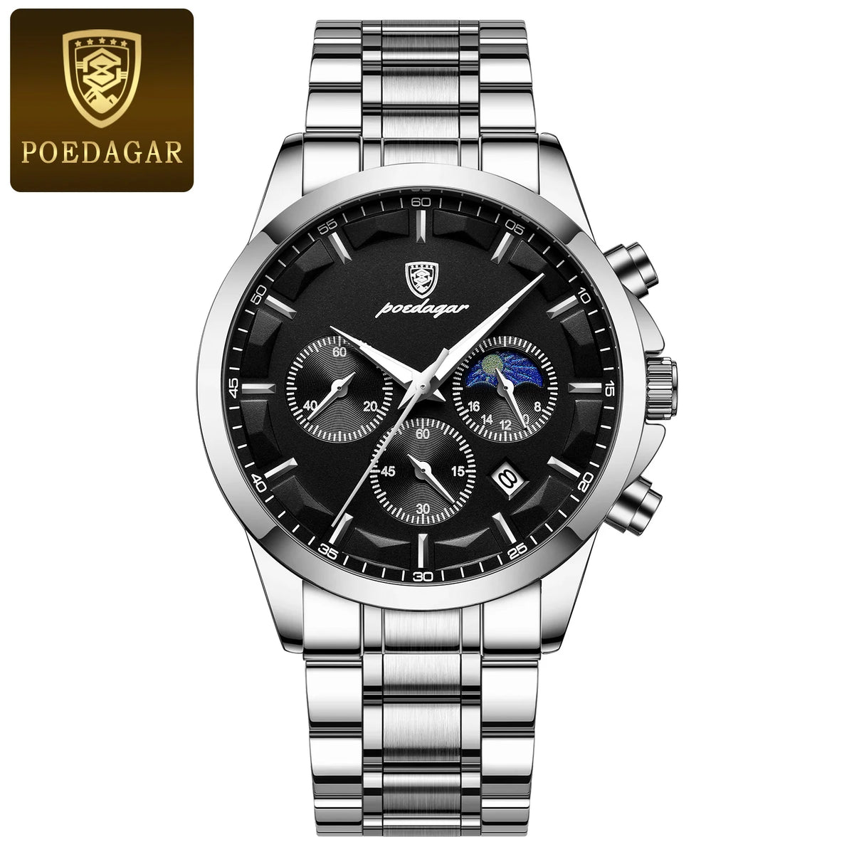 Luxe herenpolshorloge van POEDAGAR, militaire stijl, waterdicht, verlicht, chronograaf, roestvrij staal, quartz, inclusief doos.