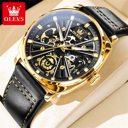 OLEVS 6685 Men's Watches Mechanical Wristwatch 30m Waterproof Luminous Leather Strap Original Man Watch