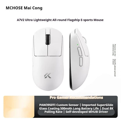 Rato sem fios MCHOSE A7 V2 Ultra+ Tri-Mode leve Paw3950 Ti 42000dpi 500mah para PC, eSports e portátil — acessórios gaming
