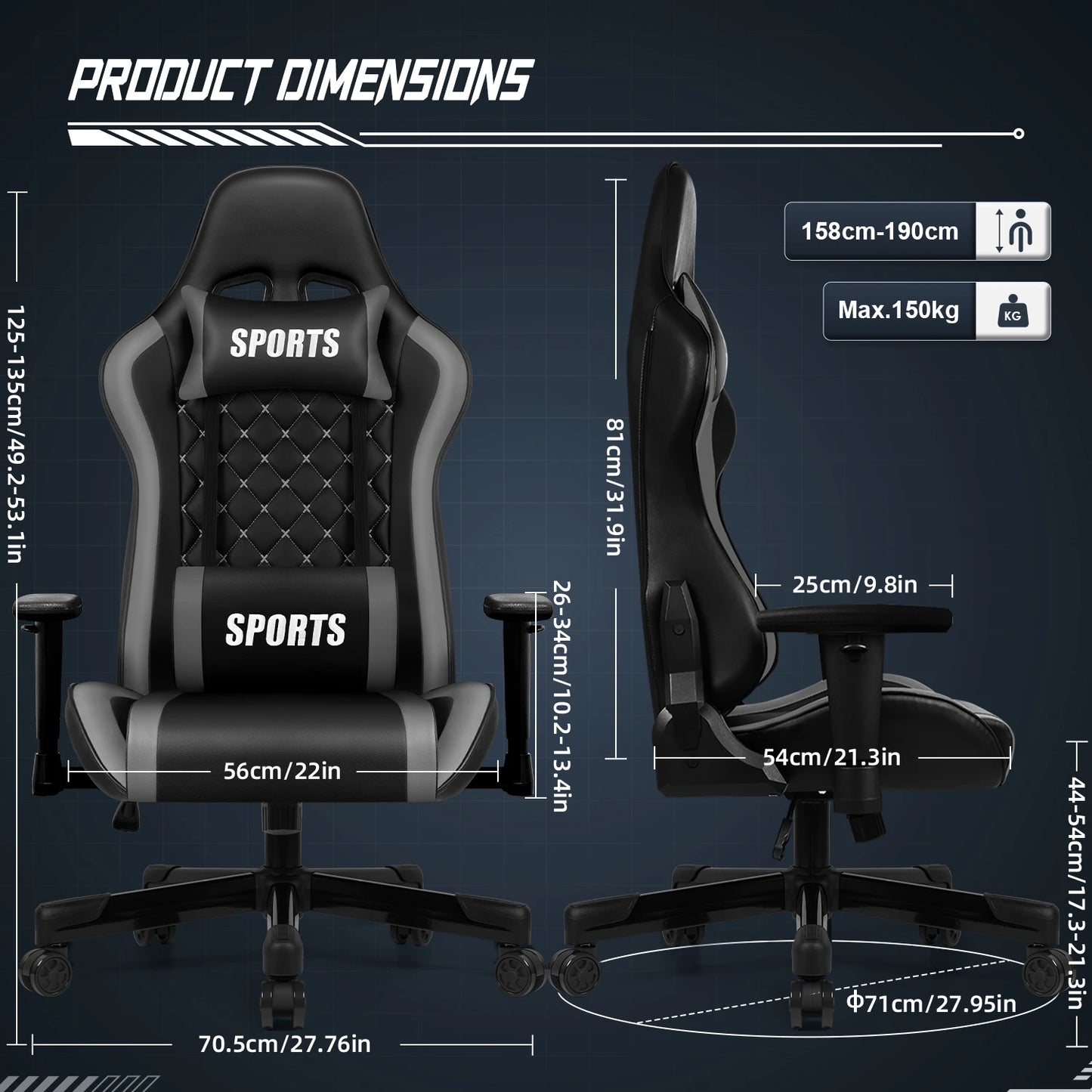 Daccormax Ergonomic Gaming Chair with Lumbar Support, 170° Reclining Office Chair, Adjustable Armrests, Comfortable Computer Chair for Work & Gaming