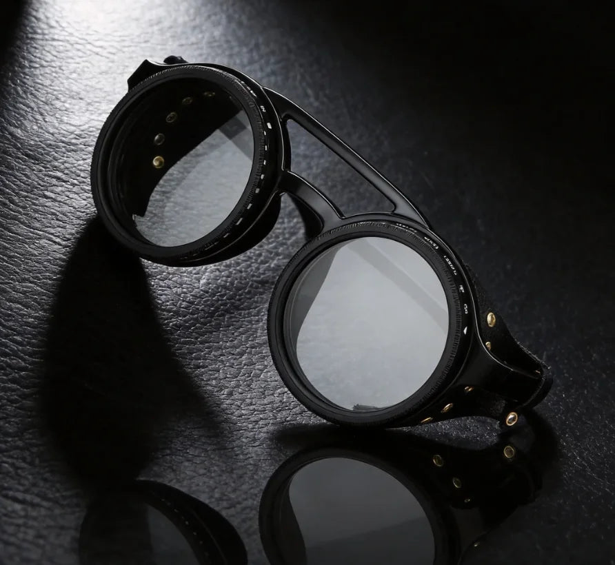 Adjustable 9-Gear ND Filter Steampunk Sunglasses UV400 Round Retro Punk Sun Glasses with Side Shields Leather Patch for Men Wome