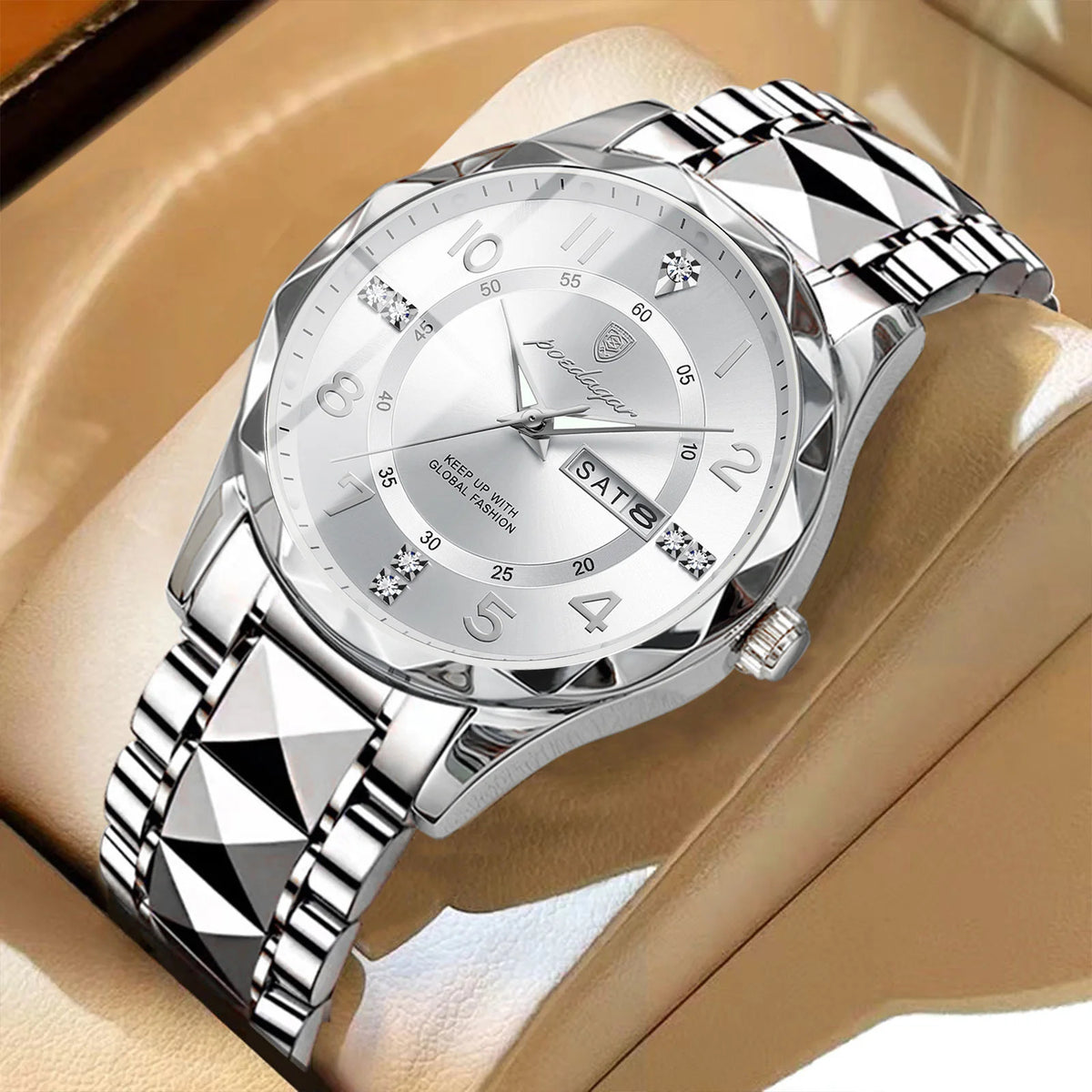 Montre homme POEDAGAR Fashion Luxury, étanche, lumineuse, à quartz, bracelet en acier inoxydable, date et jour de la semaine, style décontracté.