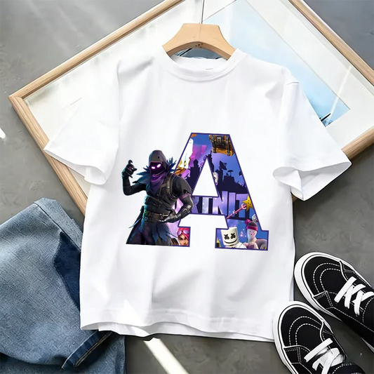 Fortnite A-Z Alphabet Print T Shirt Summer Kids White Clothing Popular Cartoon Game T Shirt Fashion Casual Short Sleeve Top Gift