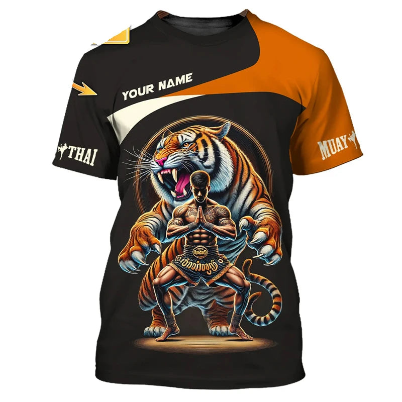 Camiseta gráfica nueva y moderna de Muay Thai para hombre, con estampado 3D de tigre y dragón, nombre personalizado, estilo único, camiseta de verano para gimnasio y fitness