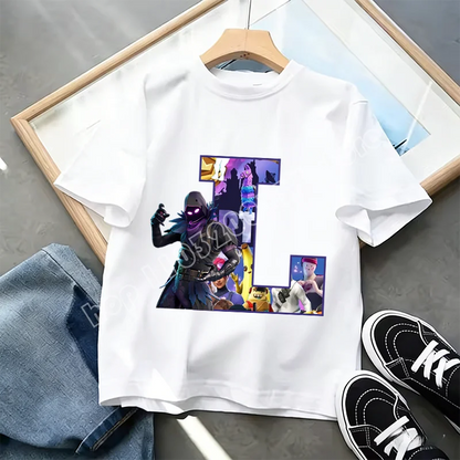 Fortnite A-Z Alphabet Print T Shirt Summer Kids White Clothing Popular Cartoon Game T Shirt Fashion Casual Short Sleeve Top Gift