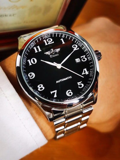 WINNER Men’s Watch – Classic, retro and elegant style – Automatic mechanical watch with date display – Luxury brand, steel case and leather strap