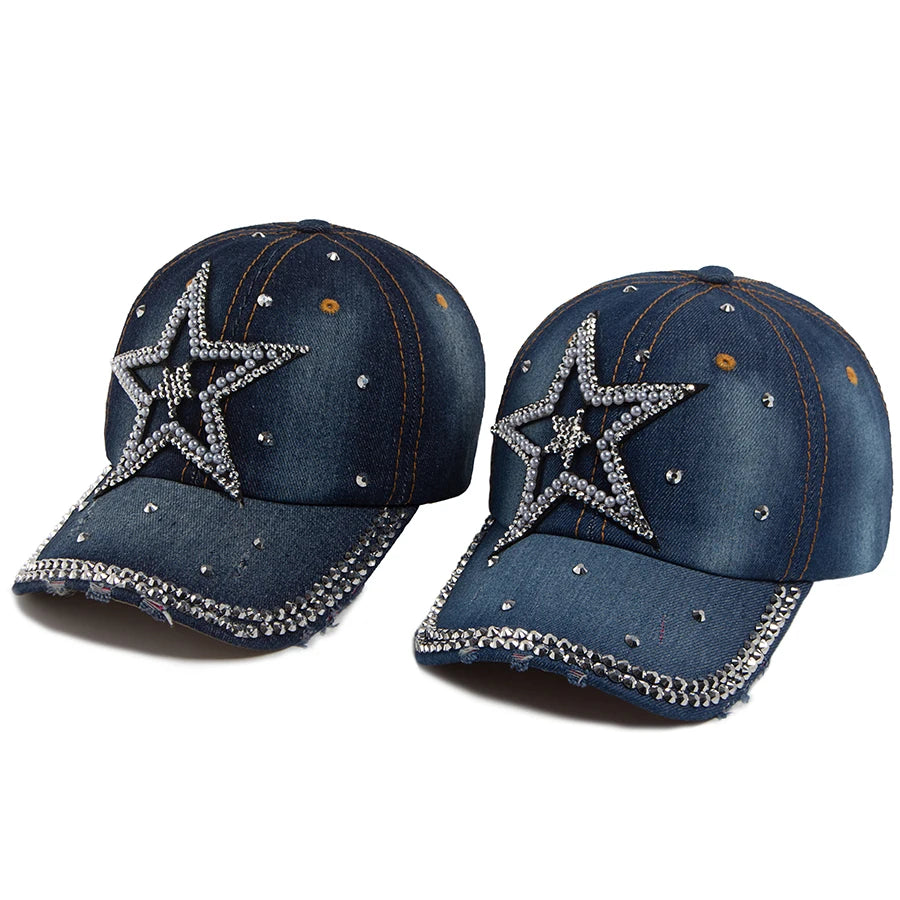 Y2K Pentagram Denim Cloth Baseball Cap Women Fashion Vintage Snapback Men Female Hip hop Shiny Rhinestone Hat For Spring Autumn