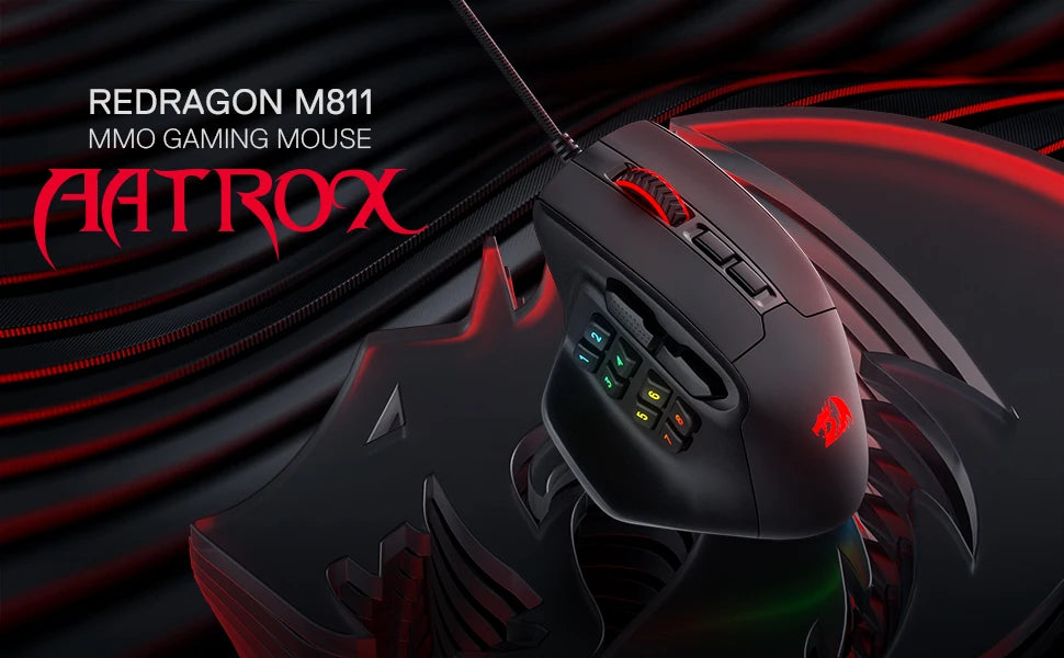 Rato Gaming MMO Redragon M811 Aatrox, 15 Botões Programáveis, Rato Gamer RGB com Fio e Design Ergonómico de Pegada Natural