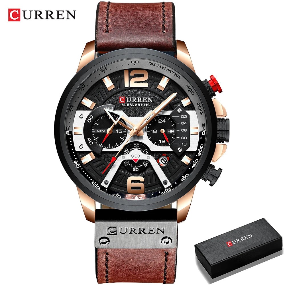 CURREN 8329 herreur – Afslappet sportsstil, militærinspireret design, læderrem, trendy kronograf, luksusur fra et kendt mærke