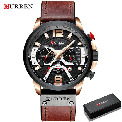 CURREN 8329 herreur – Afslappet sportsstil, militærinspireret design, læderrem, trendy kronograf, luksusur fra et kendt mærke