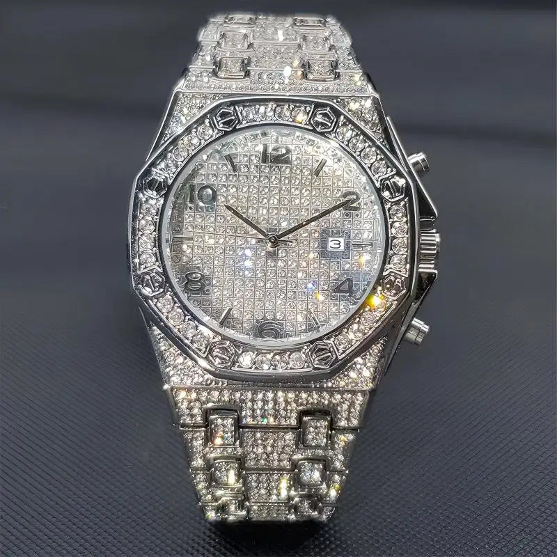 Gold Watches For Men Full Iced Diamond Men's Quartz Watch Luxury Fashion Calendar Wristwatch Dropshipping